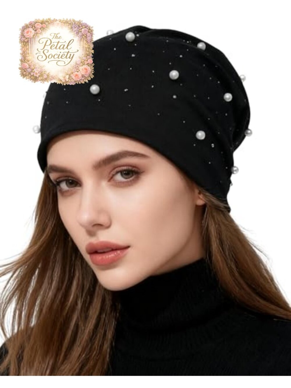 Rhinestone Beanie Slouchy Knit Hat Pearl Embellished Winter Beanie
